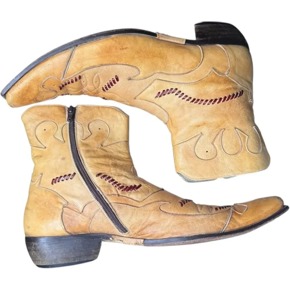 Vintage Jo Ghost Italian Western Cowboy Ankle Boots Tan Leather Size 45 11.5-12